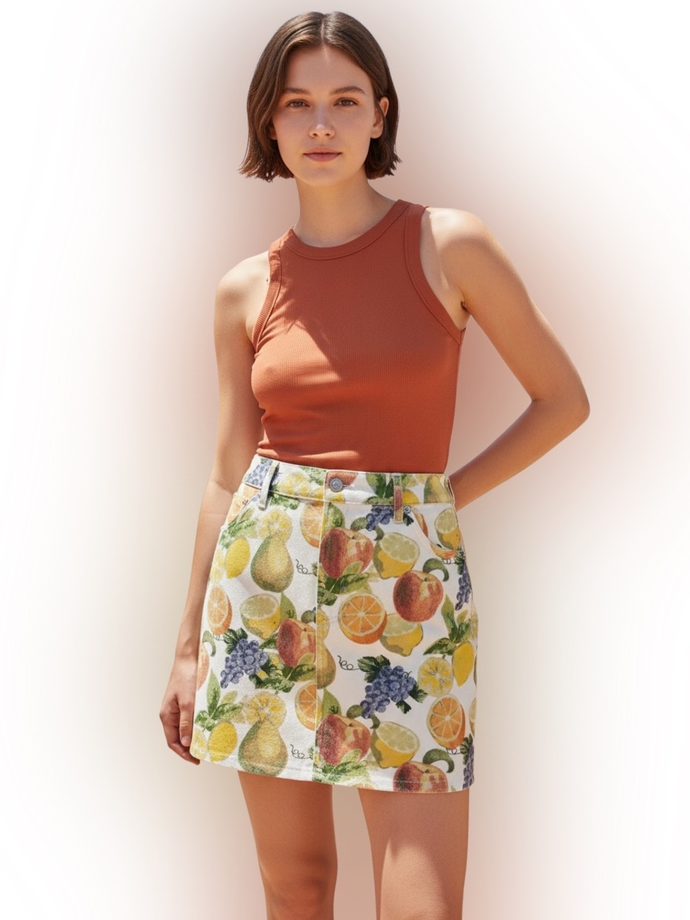 Topshop Fruit Print Denim Mini Skirt High Waisted Summer Fruit Graphic Size 10
